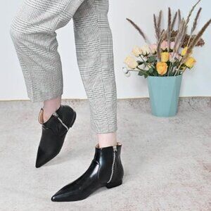 XYD Black Pointed Toe Ankle Boots Low Heel Double Side Zippers Office Dress Shoe
